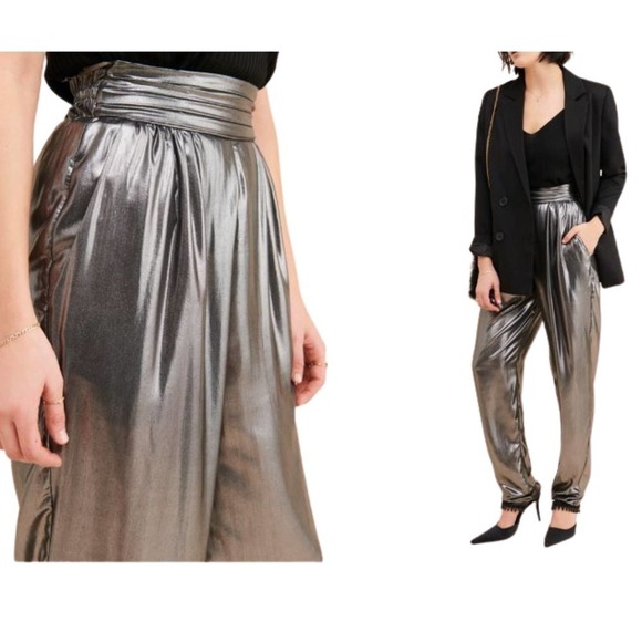 Ronny Kobo Silver Metallic Pleated High Waisted Pull on Alexandra Pants Size S - Picture 2 of 10